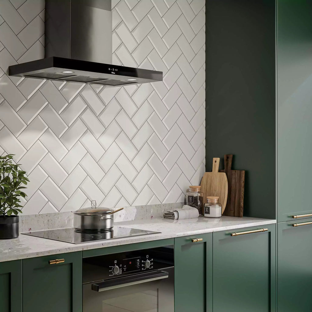 White Gloss Bevelled Metro Ceramic Wall 100x200mm Tile on Kitchen Wall