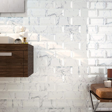 White Marble Effect Gloss Bevelled Edge Metro 100x200mm Wall Tile on Bathroom Wall