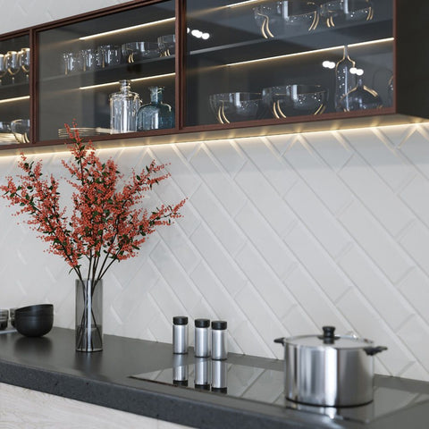 White Matt Bevelled Metro Subway Ceramic Wall 100x300mm Tile on Kitchen Wall