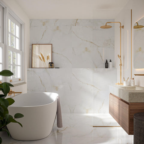 XL Honey Gold Natural Marble Effect 1200x600mm Polished Porcelain Wall and Floor Tile in Bathroom