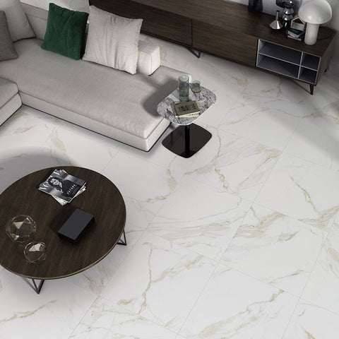 Gentle Gold Goss White Marble Effect 60x60cm Tiles in Living Room