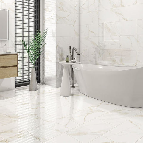 Gentle Gold and White 60x30cm Marble Effect Tiles in Bathroom