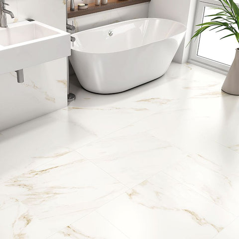 Ash Gold Matt White and Gold Marble Effect Tiles in Bathroom