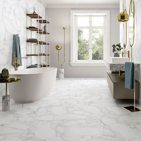 White Marble Effect Hexagon Tiles in Bathroom