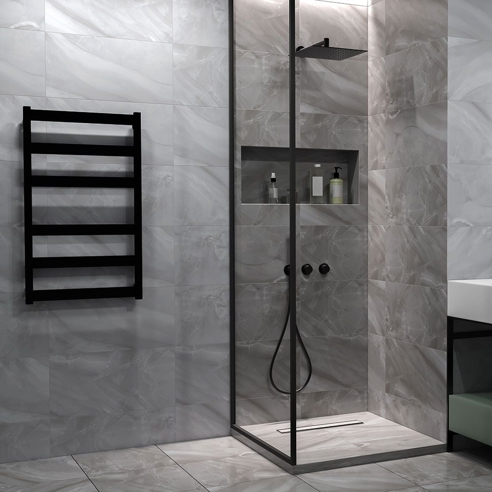 Charcoal Wave Dark Grey 60x30cm Marble Effect Tiles in Bathroom