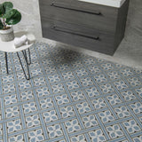 Mr Jones Blue Pattern Wall and Floor Tile on Bathroom Floor Top View
