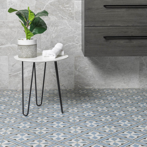 Mr Jones Blue Pattern Wall and Floor Tile on Bathroom Floor Close Up