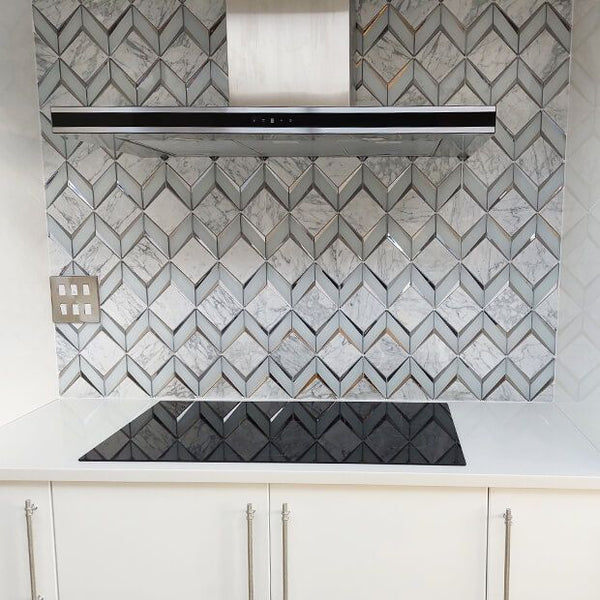 Chevron Diamonds Grey and Silver Marblle Mosaic Sheet in Kitchen