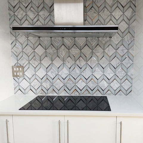 Chevron Diamonds Grey and Silver Marblle Mosaic Sheet in Kitchen