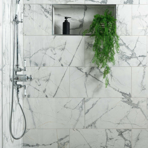 Allure Calacatta Polished White Marble Effect 60x30cm Wall and Floor Tiles in Bathroom Close Up