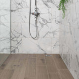 Allure Calacatta Polished White Marble Effect 60x30cm Wall and Floor Tiles in Bathroom Shower Close Up
