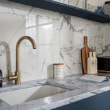 Allure Calacatta Polished White Marble Effect 60x60cm Wall and Floor Tiles Kitchen Close Up Left Angle