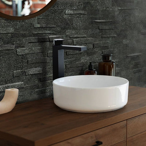 Quartzite Black Sparkle Split Face Wall Tiles behind Sink