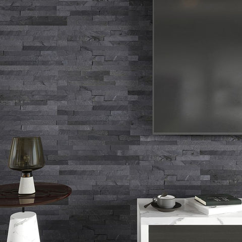 Blue Natural Slate Split Face Wall Tiles on Living Room Wall