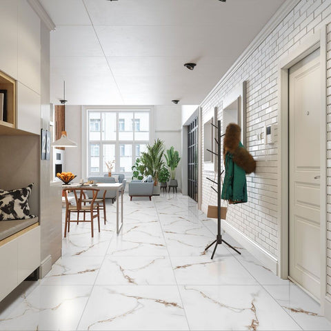 Auxir Polished Gold and White Marble Effect 60x60cm Tiles in Living Room