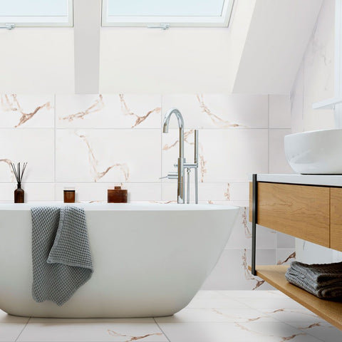 Auxir Polished Gold and White Marble Effect 60x30cm Tiles in Bathroom