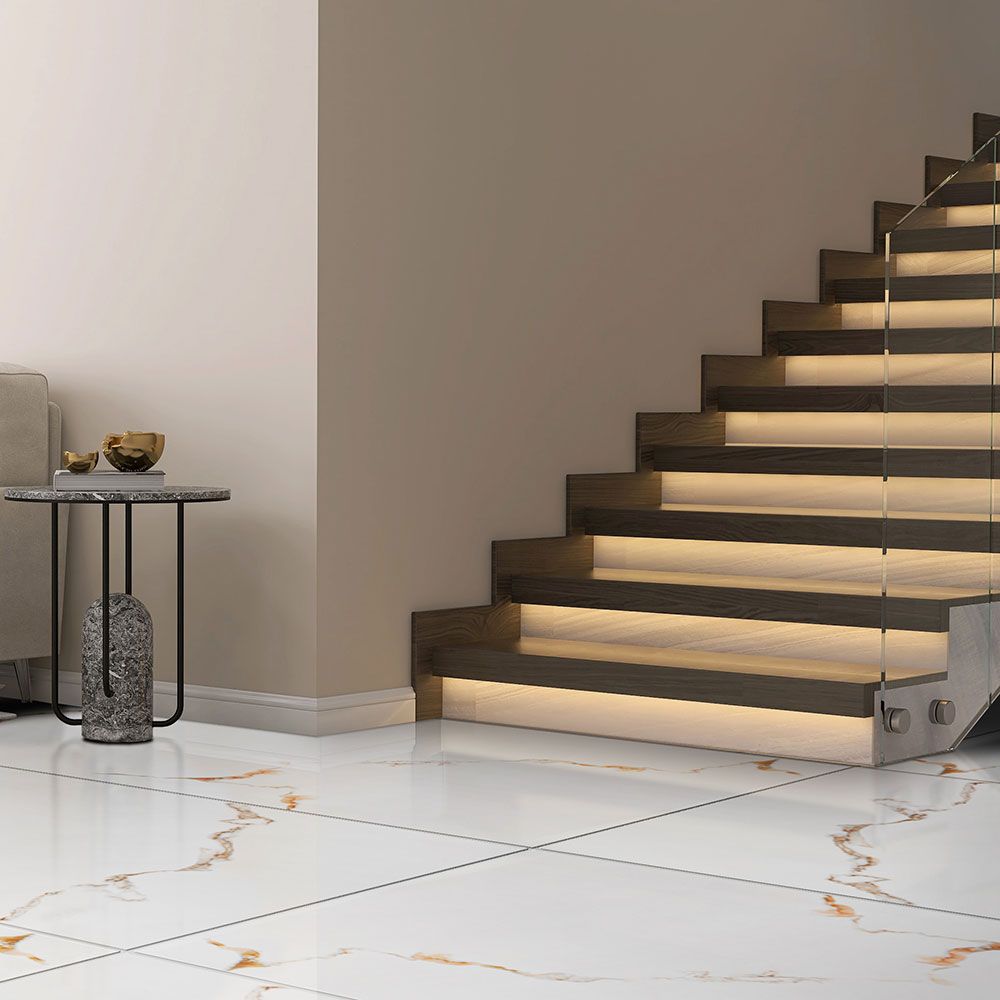 Auxir Polished Gold and White Marble Effect 120x60cm Tiles by Stairs