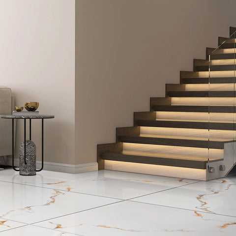 Auxir Polished Gold and White Marble Effect 120x60cm Tiles by Stairs