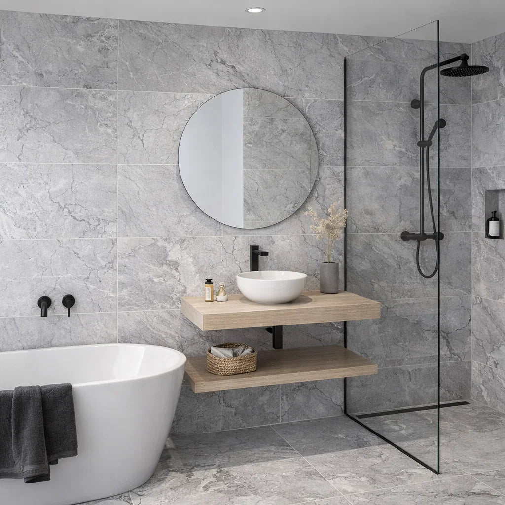 Argento Vein Light Grey Polished Marble Stone Effect 300x600mm Wall and Floor Tile in Bathroom