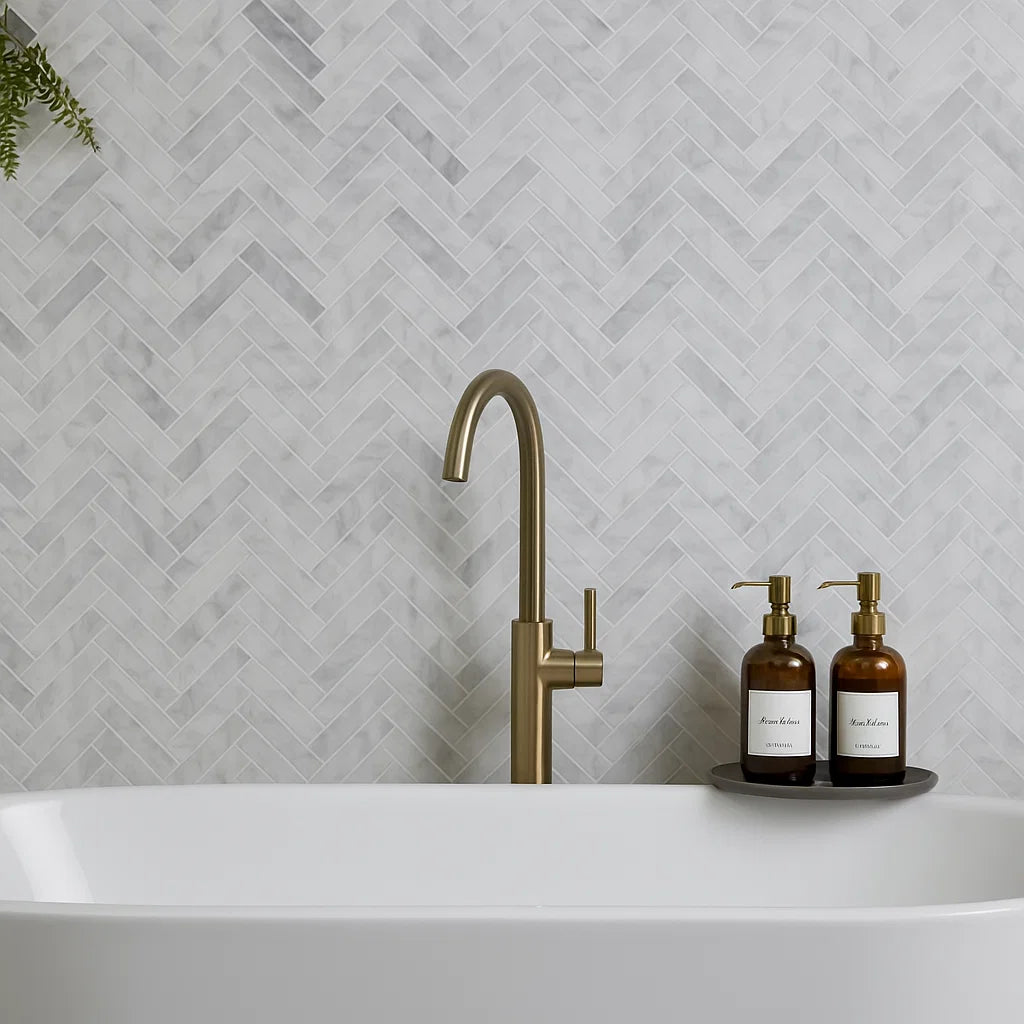 Whitw Add. Sign Authentic Marble White and Grey Herringbone Wall and Floor Mosaic Tile ...