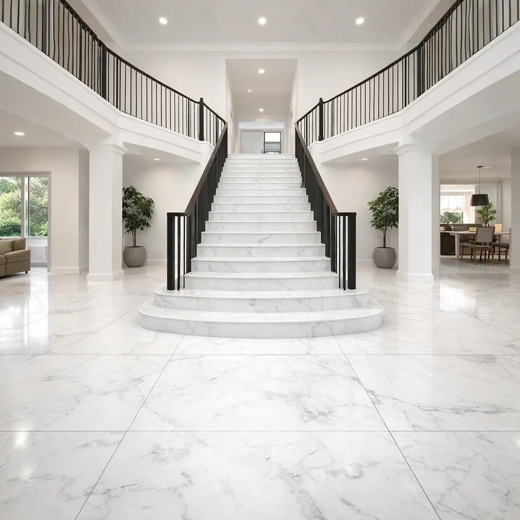 Bianca Carrara Gentle XL White Marble Effect 1200x1200mm Polished Porcelain Floor Tile in Home Entrance