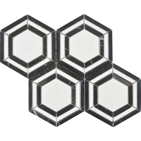 Bianco Noir Hexagon White and Black Authentic Marble Mosaic Wall and Floor 305x265mm Tile Product Photo