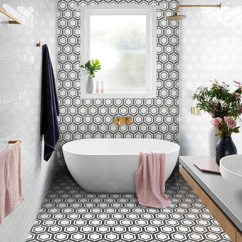 Bianco Noir Hexagon White and Black Authentic Marble Mosaic Wall and Floor 305x265mm Tile on Bathroom Wall and Floor