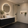 Bies Beige Sand Stone Effect Porcelain Matt Wall and Floor 600x300mm Tile in Modern Bathroom with Dark Contrasting Floor