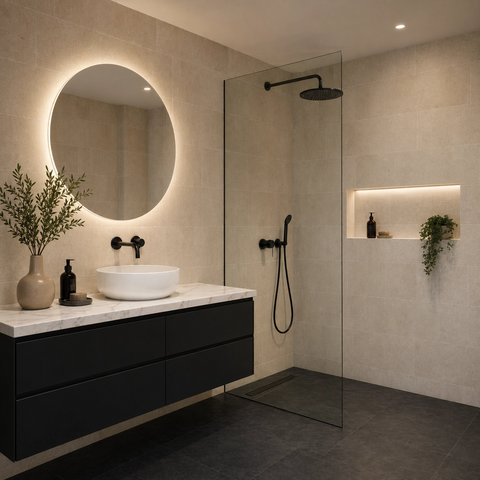 Bies Beige Sand Stone Effect Porcelain Matt Wall and Floor 600x300mm Tile in Modern Bathroom with Dark Contrasting Floor