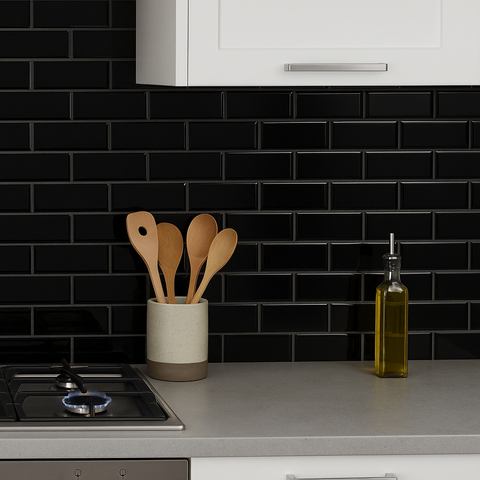 Black Bevelled Metro Ceramic Mosaic Wall Tile on Kitchen Wall as Splashback
