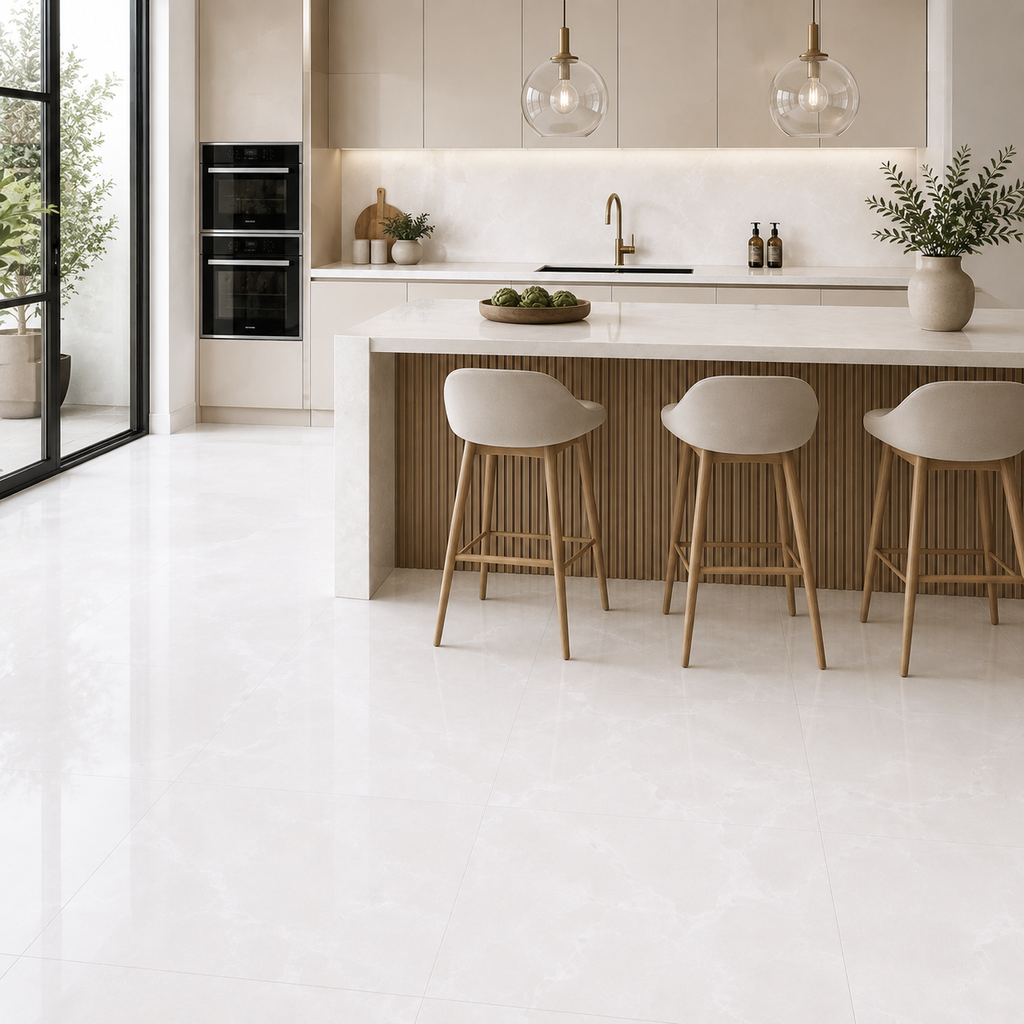 A bright, modern kitchen interior with glossy white onyx floor tiles, a central island, three light beige bar stools, and a clean backsplash. No people or animals are present.