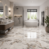 Modern bathroom with marble floor, bathtub, and vanity area.