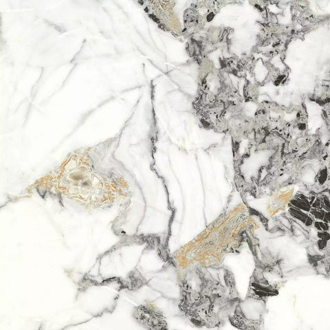 Close-up of a white marble surface with gray, black, and gold veins