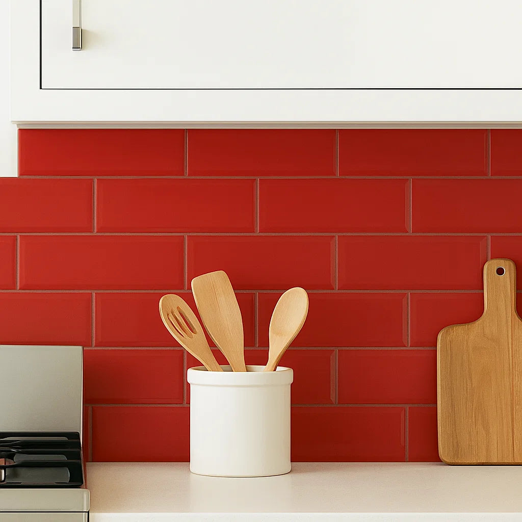 Cherry Red Bevelled Metro Subway 100x300mm Ceramic Wall Tile as Kitchen Splashback 