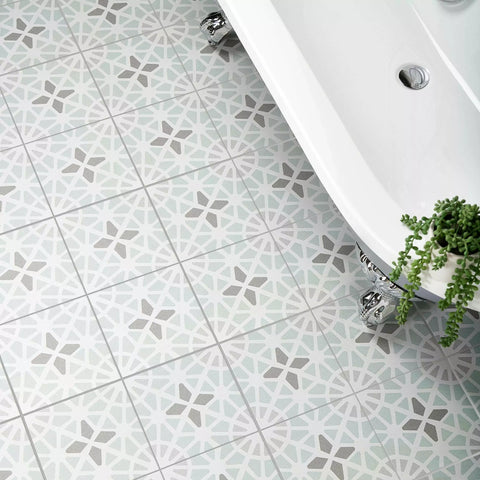 Chloe Light Green Start Soft Patterned Floor Ceramic Tile on Bathroom Floor