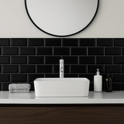 Deep Black Bevelled Matt Metro 100x200mm Ceramic Subway Wall Tile as Bathroom Feature Splashback Wall