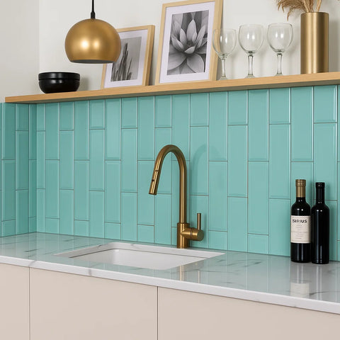 Duck Egg Turquoise Light Blue Bevelled Metro 100x300mm Ceramic Wall Tile as Kitchen Splashback 
