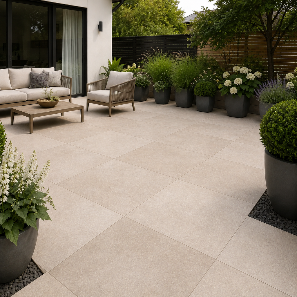 Egyptian Sand Outdoor Stone Effect Porcelain Paving Slabs 600x600mm installed on a modern patio with natural shade variation, 20mm thickness and R11 anti-slip finish.