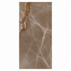 A rectangular ceramic or porcelain tile with a warm taupe-brown marble pattern, featuring white veining and a metallic gold veining accent on the left side, shown against a plain white background.