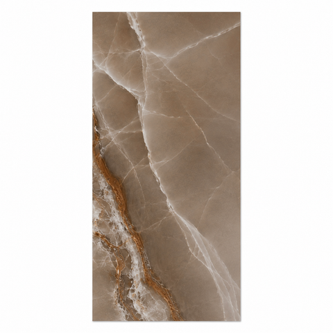 A rectangular slab of polished stone or marble-look tile with a warm taupe-brown base and flowing white veining, plus a coppery metallic-looking veining accent along the lower left edge, shown on a plain white background.