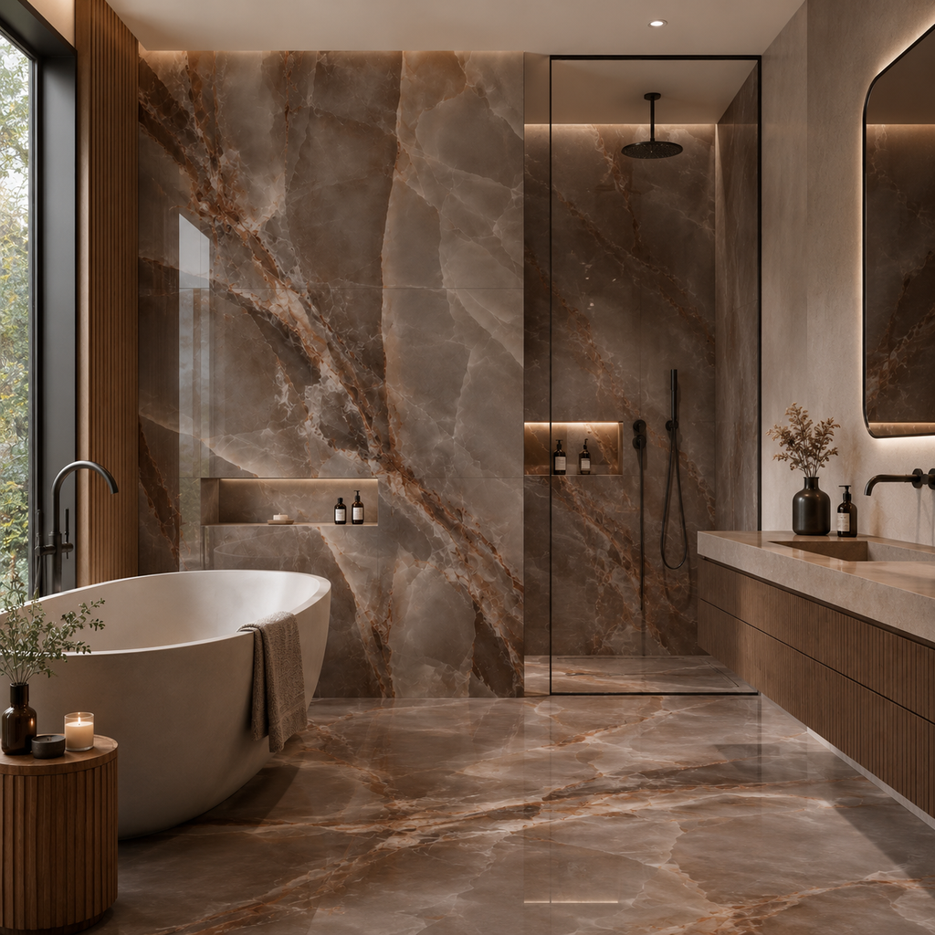 Modern bathroom with marble walls and floor, freestanding bathtub, and vanity area.