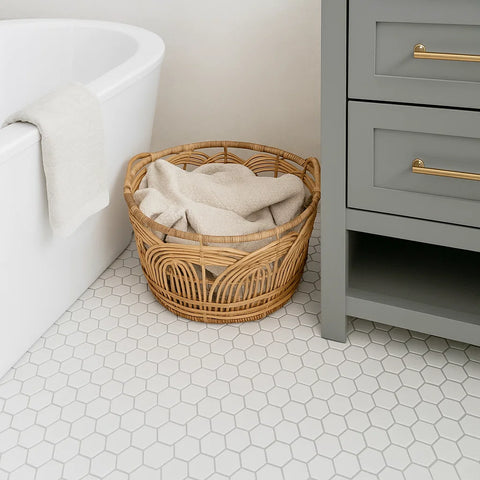 Eterna Hexagon Grande Matt Mosaic Wall and Floor Porcelain Tile on Bathroom Floor
