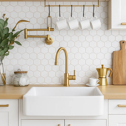 Eterna Hexagon White Grande Gloss Mosaic Wall and Floor Porcelain Tile as Kitchen Splashback