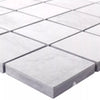 Light gray square mosaic tiles arranged in a grid pattern, showing a close-up of the textured surface and grout lines.