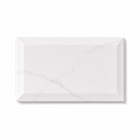 A rectangular white subway tile with a glossy finish and subtle gray marble veining, shown on a clean white background.