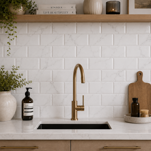 A modern kitchen countertop scene with a matte brass gooseneck faucet centered over a black sink, set against white subway tile and light wood cabinetry. Decorative items including a cutting board, soap dispenser, books, and greenery are arranged around the space.