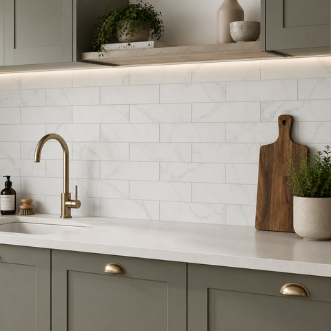 A modern kitchen scene with a white subway tile backsplash, white countertop, matte brass faucet, gray cabinets, a wooden cutting board, and potted plants.