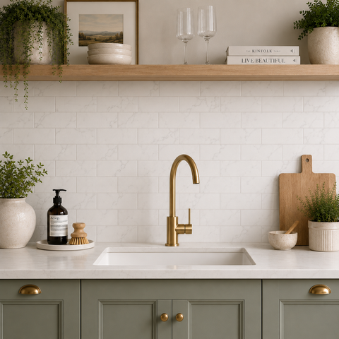 A modern kitchen scene featuring a matte brass gooseneck faucet installed in a white undermount sink, set against a white subway tile backsplash and sage green cabinets.