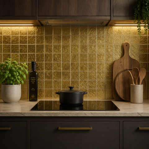 Modern kitchen with gold tiled backsplash, black cookware, and wooden cutting board.