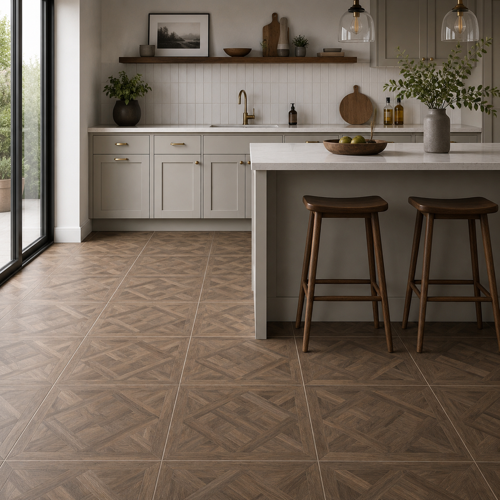 Modern kitchen with wooden floor tiles and island bar stools.